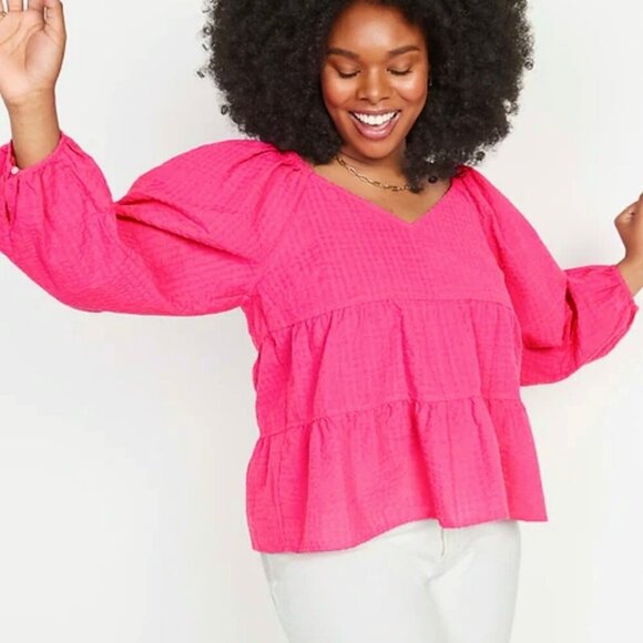 Old Navy Tiered Flowy Top Sz.XL Hot Pink Seersucker V-Neck Coquette Dopamine - Picture 9 of 10